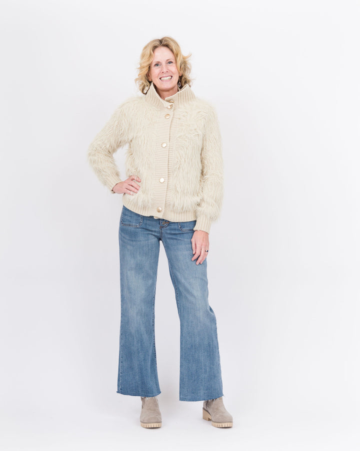 Adina Faux Fur Button Front Cardigan - Buttercream