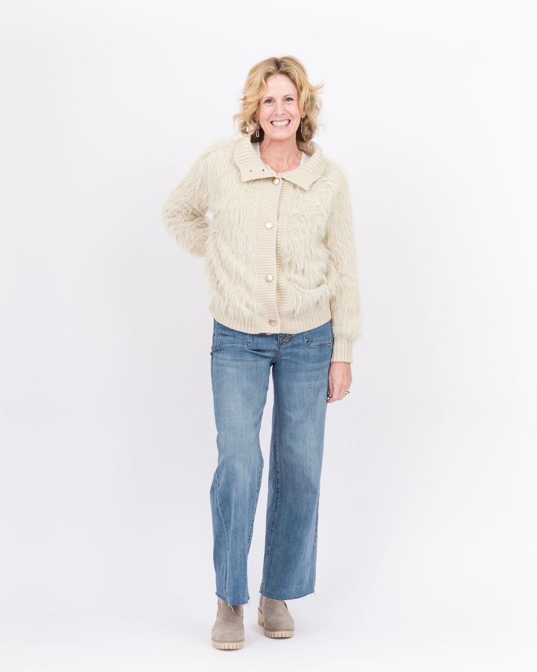 Adina Faux Fur Button Front Cardigan - Buttercream