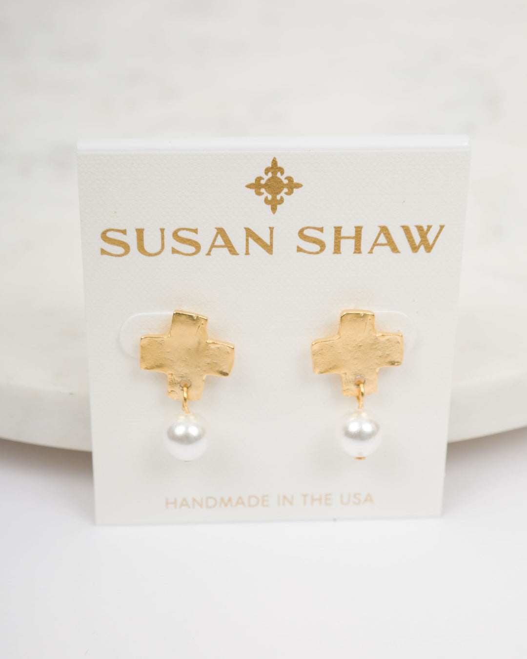 Susan Shaw Mini Square Cross &amp; Pearl Drop Earrings