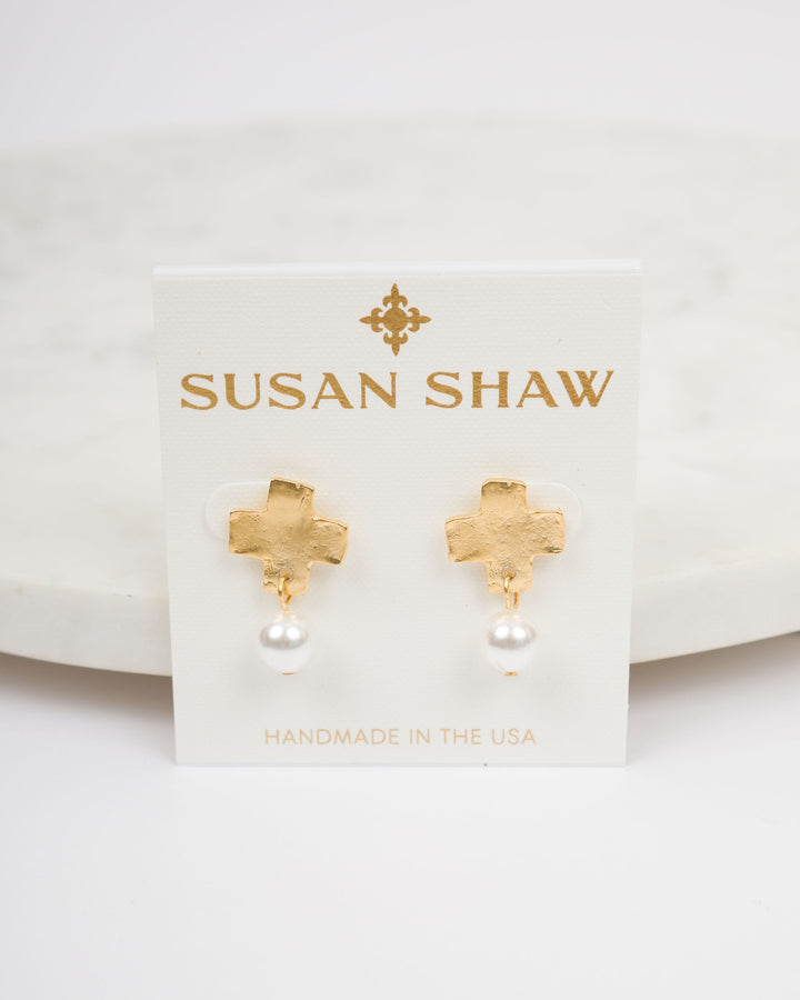 Susan Shaw Mini Square Cross &amp; Pearl Drop Earrings