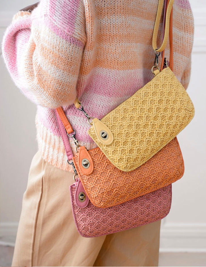 Joy Susan Yellow Lattice Woven Mini Crossbody Wristlet Clutch