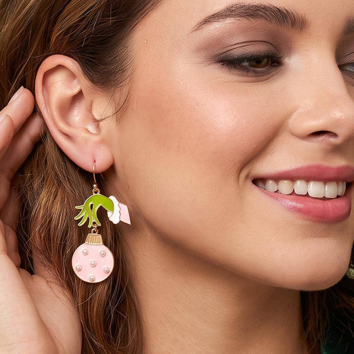 Grinch Hand Ornament Earrings - Pink
