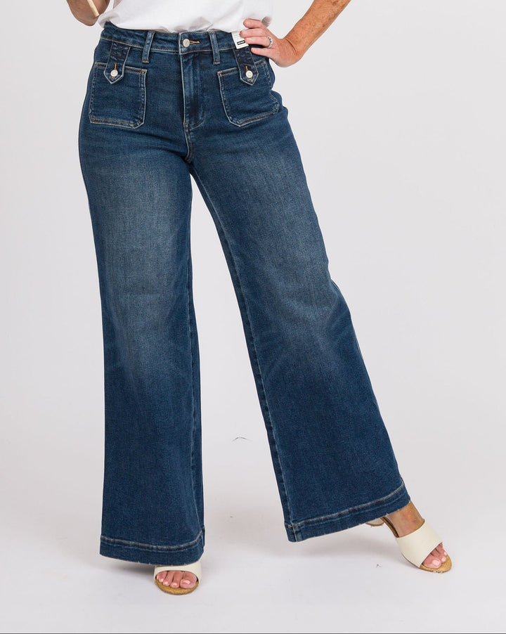 Judy Blue HW LUX Retro Wide w/ Front Patch Tab Closure DK Retro - Fade Indigo