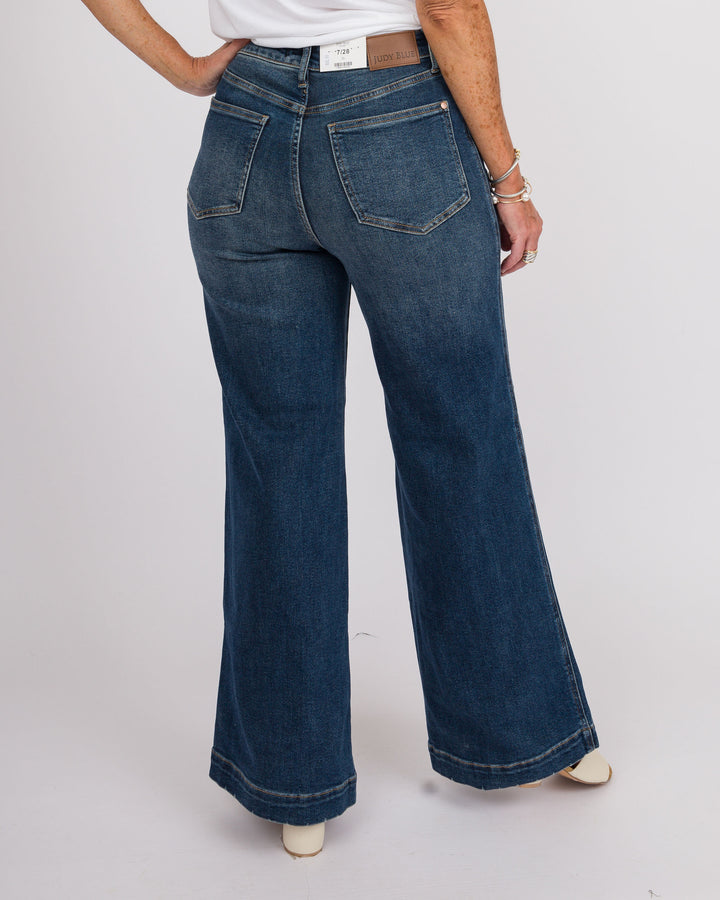 Judy Blue HW LUX Retro Wide w/ Front Patch Tab Closure DK Retro - Fade Indigo