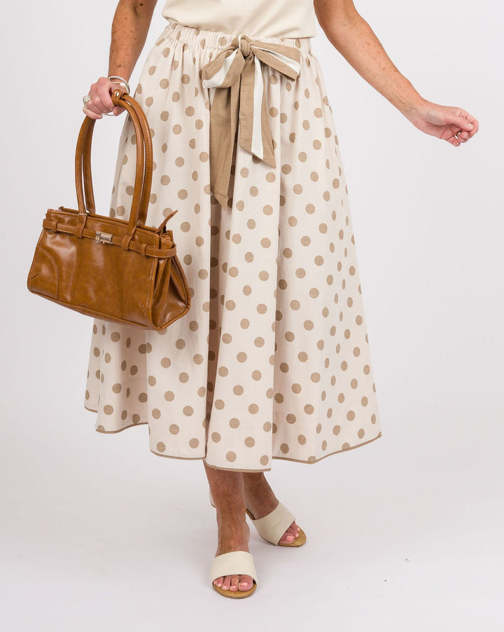 Polka Dot Midi Skirt with Bow - Natural
