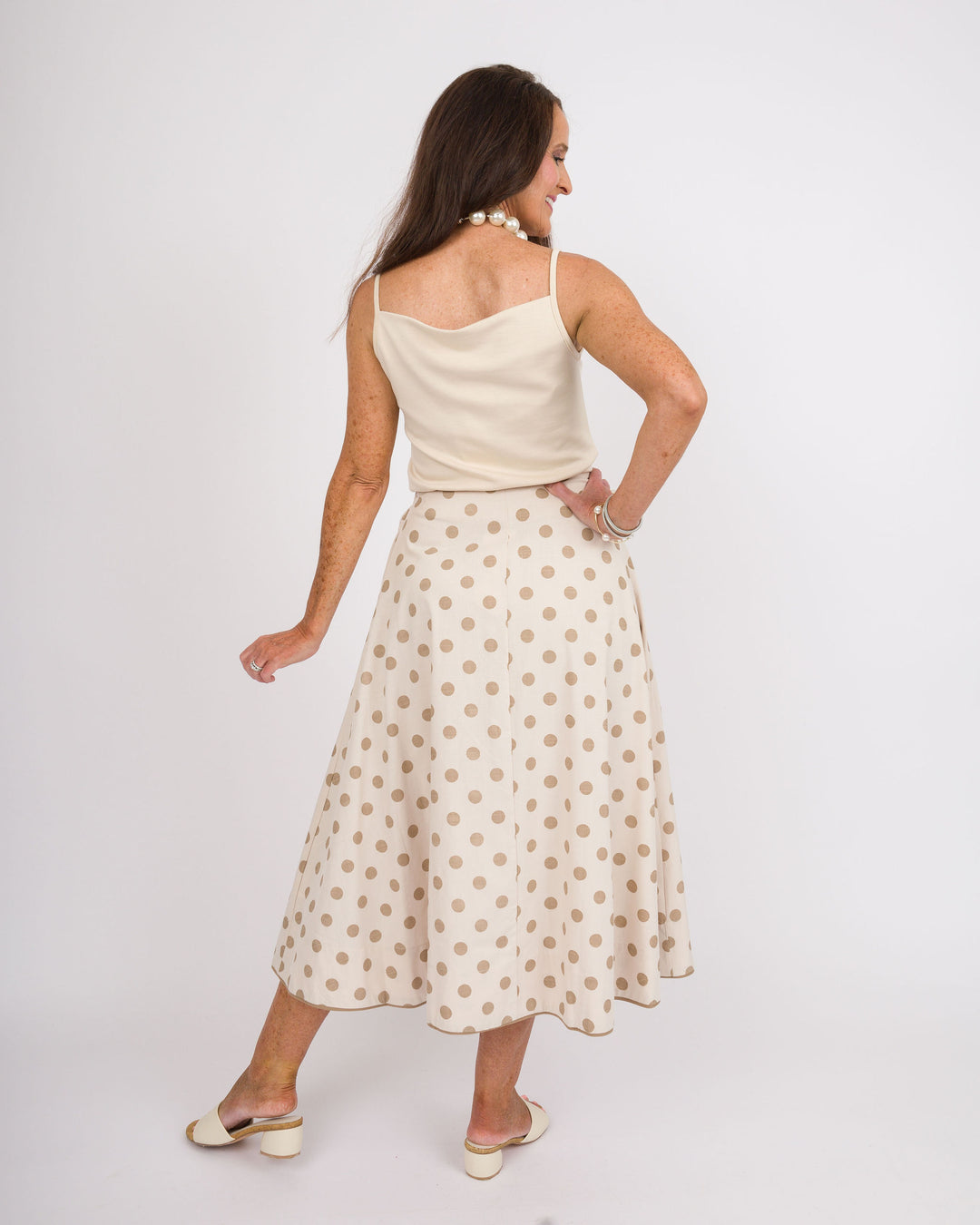Polka Dot Midi Skirt with Bow - Natural