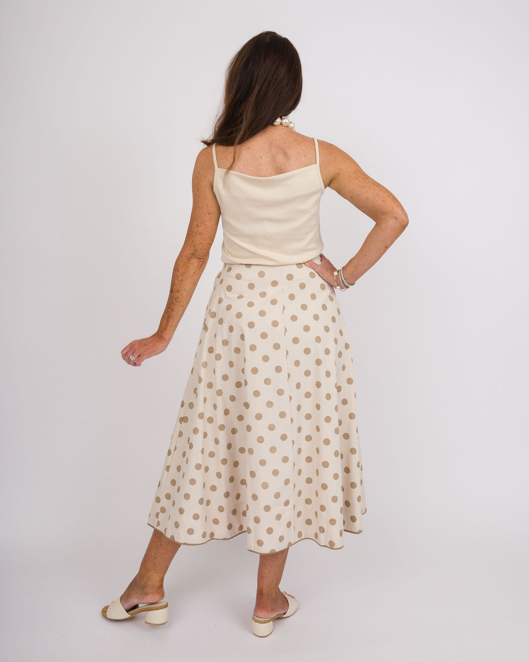 Polka Dot Midi Skirt with Bow - Natural