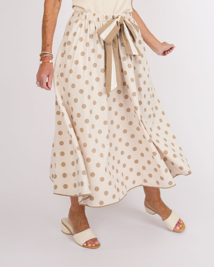 Polka Dot Midi Skirt with Bow - Natural