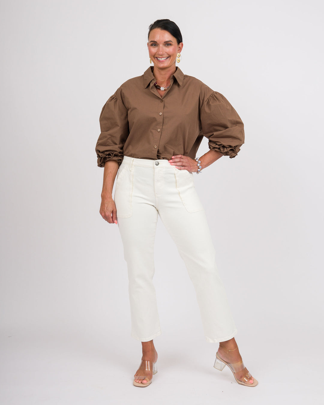 Brown 3/4 Puff Sleeve Top