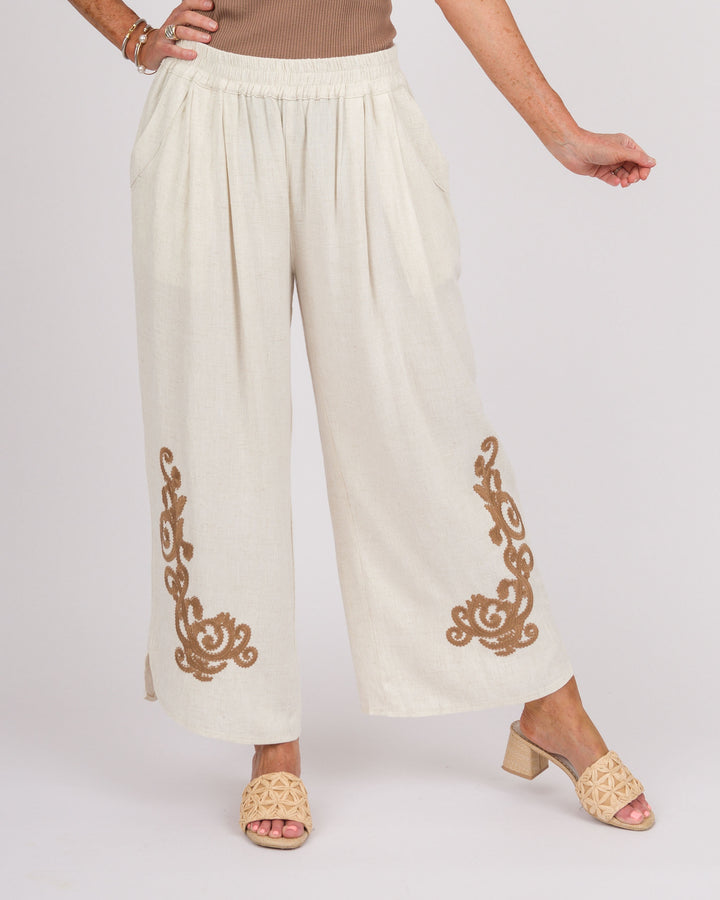 Linen Embroidered Pants - Oatmeal
