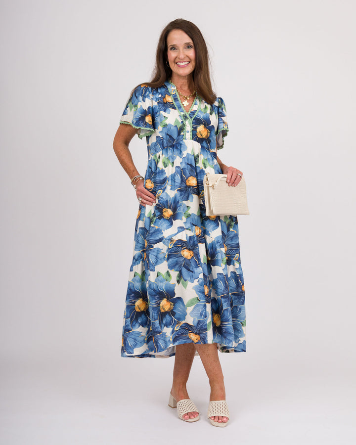 Blue Tropical Midi Dress