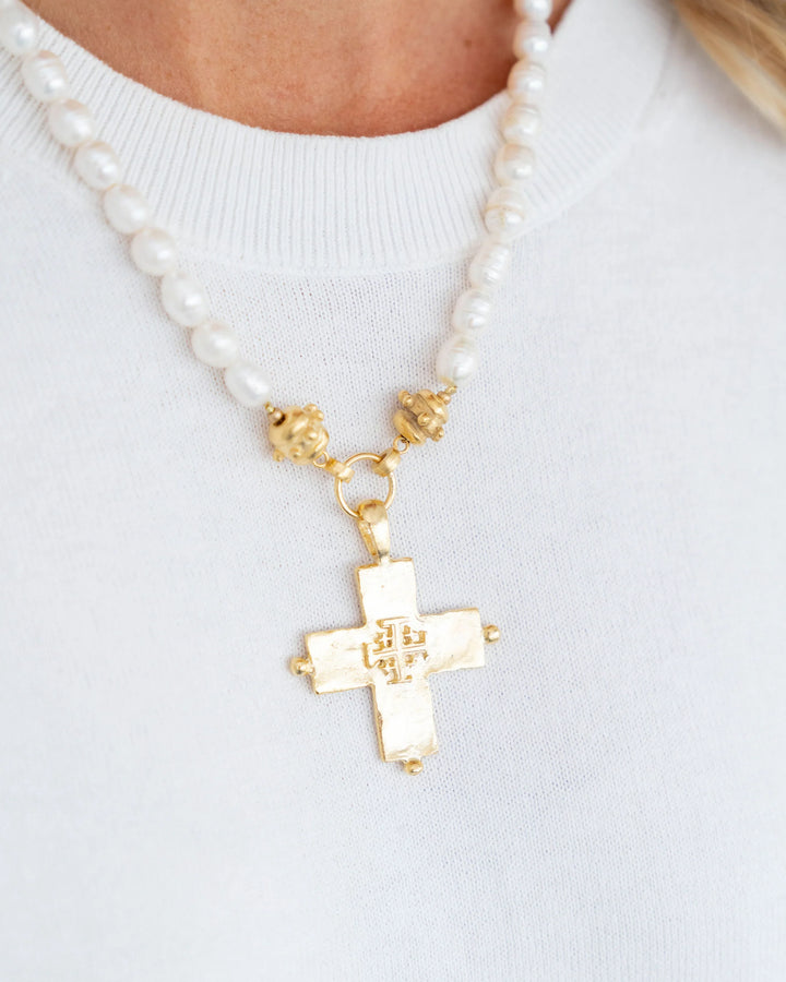 Susan Shaw Jerusalem Double Cross Pearl Necklace