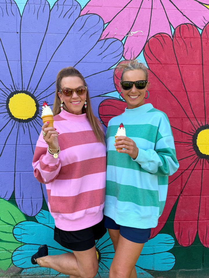 Striped Mock Neck Sweatshirt - Aqua Green