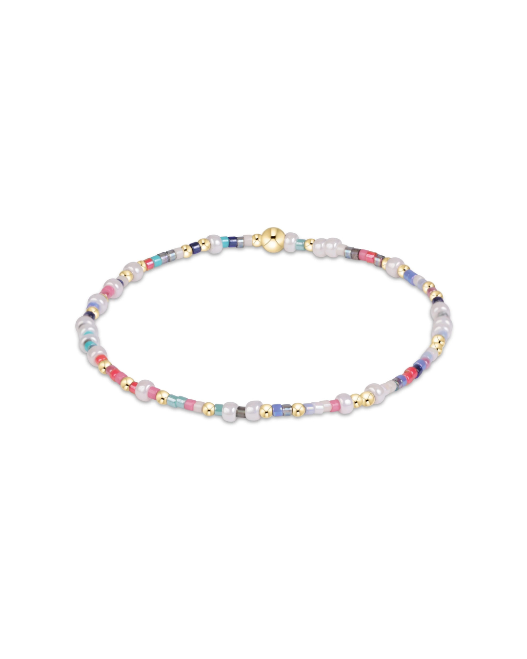 A delicate beaded bracelet with white pearls, small gold spacer beads, and tiny multicolored beads, featuring a gold-toned clasp, shown on a plain white background.