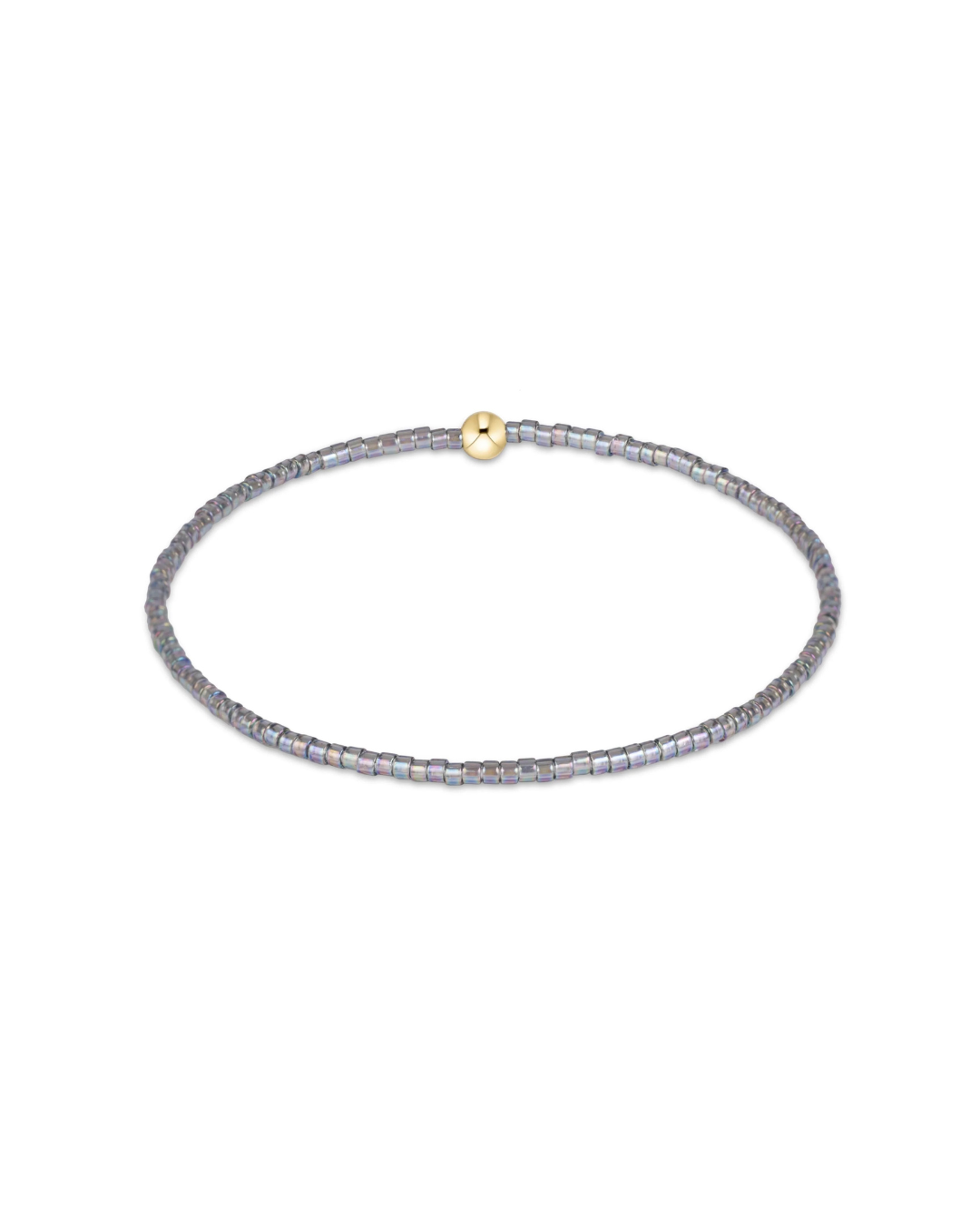 A delicate beaded bracelet with small iridescent gray-blue beads and a small gold clasp, shown on a plain white background.