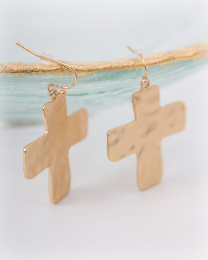 Hammered Cross Earrings - Gold