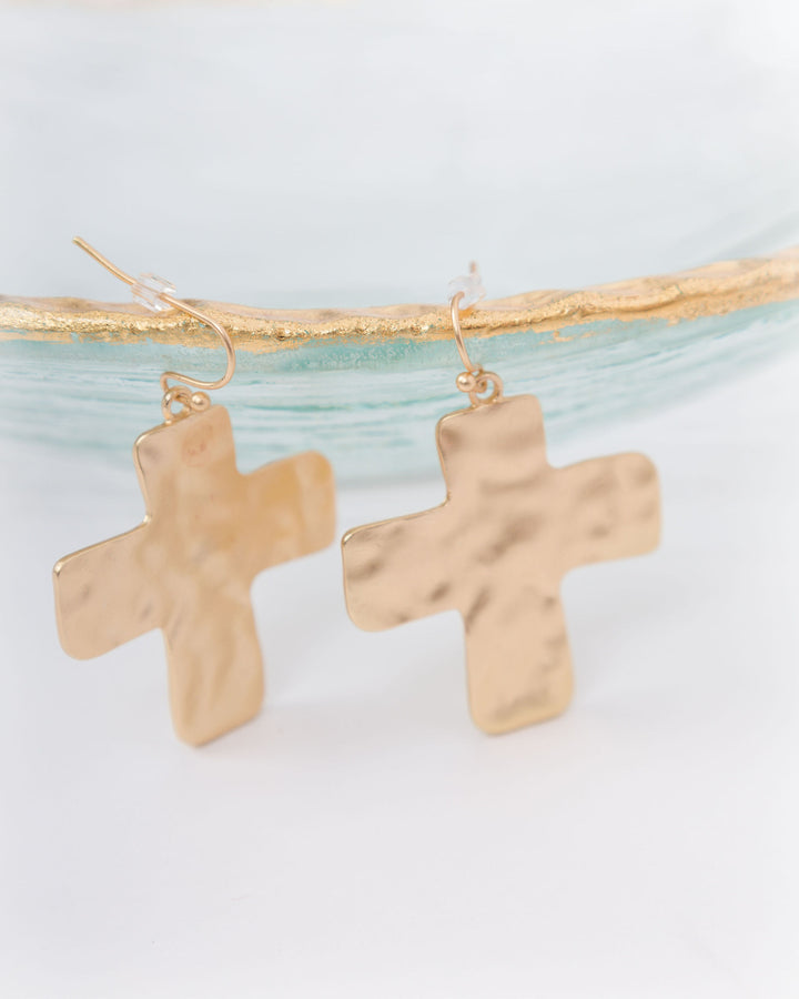 Hammered Cross Earrings - Gold