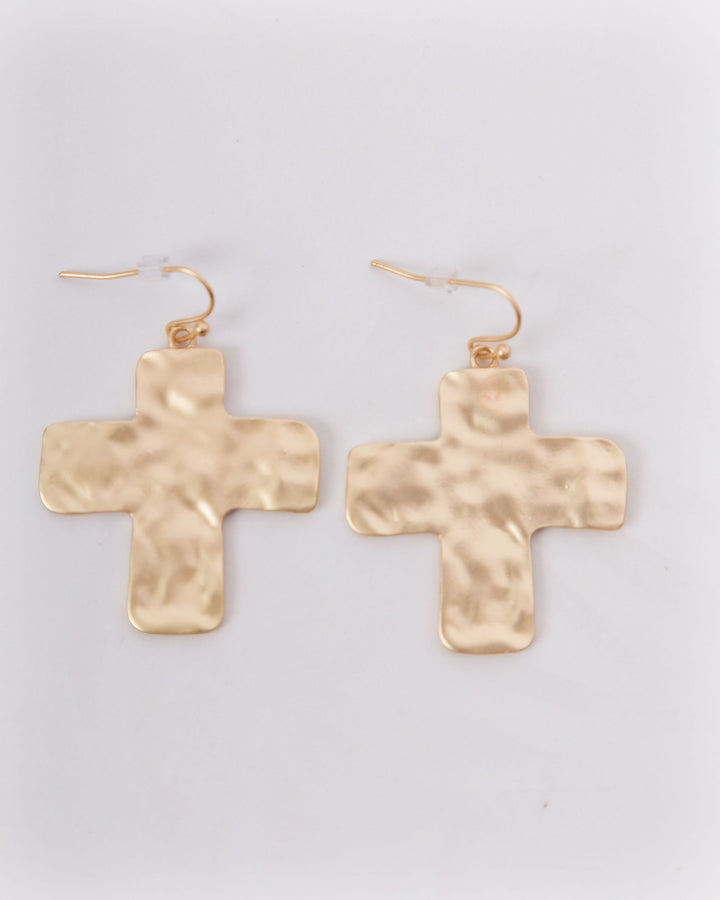 Hammered Cross Earrings - Gold