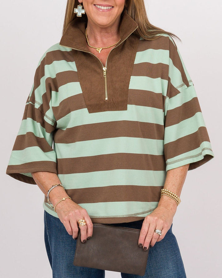 Carli Quarter Zip - Brown and Sage