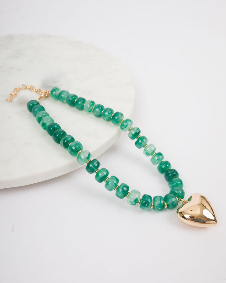 Puffy Heart with Marble Rondelle Necklace - Green