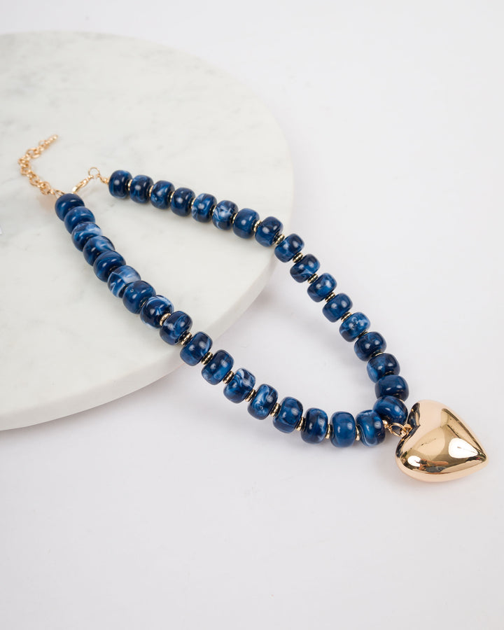 Puffy Heart with Marble Rondelle Necklace - Blue