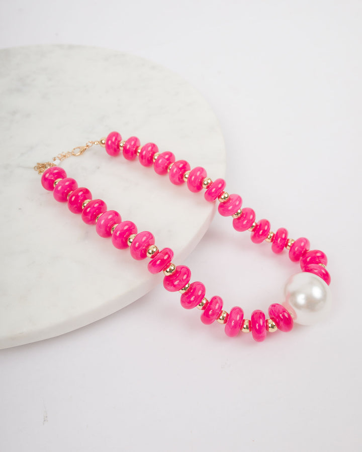 Pearl Accent Rondelle Bead Necklace - Pink