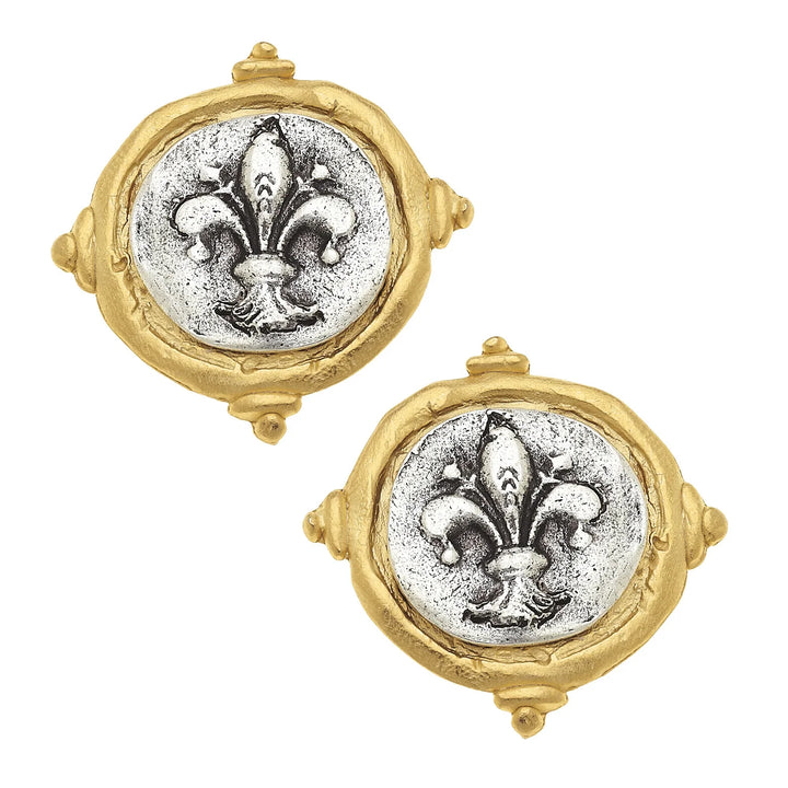 Susan Shaw Gold and Silver Fleur-De-Lis Intaglio Studs