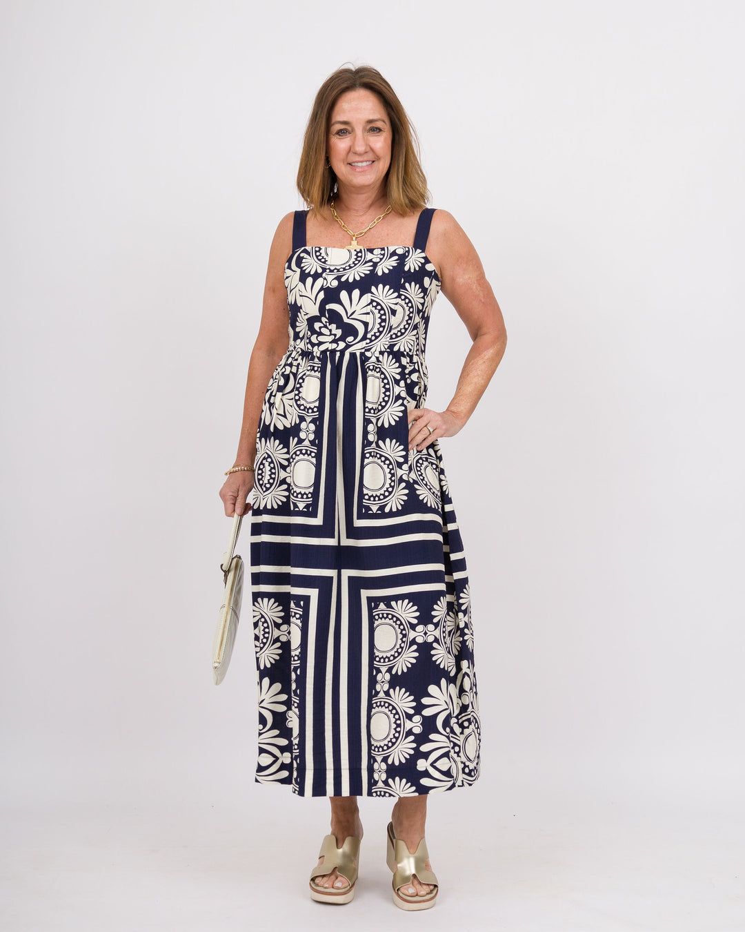 Scarf Print Midi Dress Navy Cream