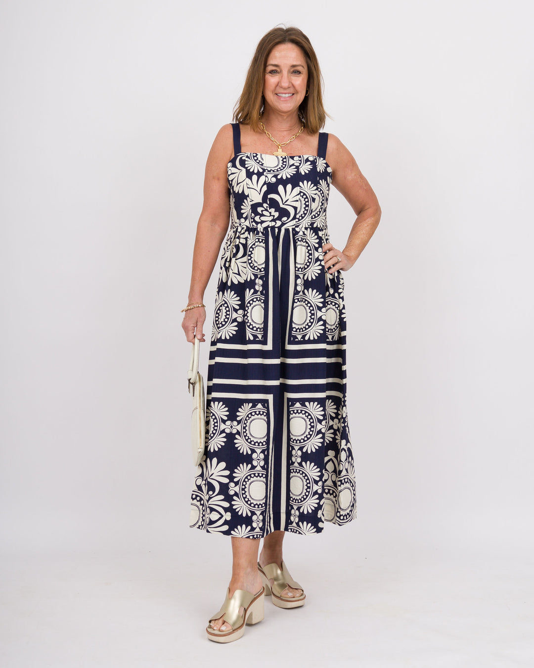 Scarf Print Midi Dress Navy Cream