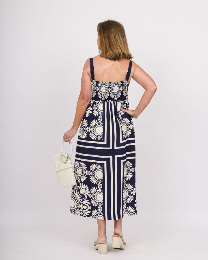 Scarf Print Midi Dress Navy Cream