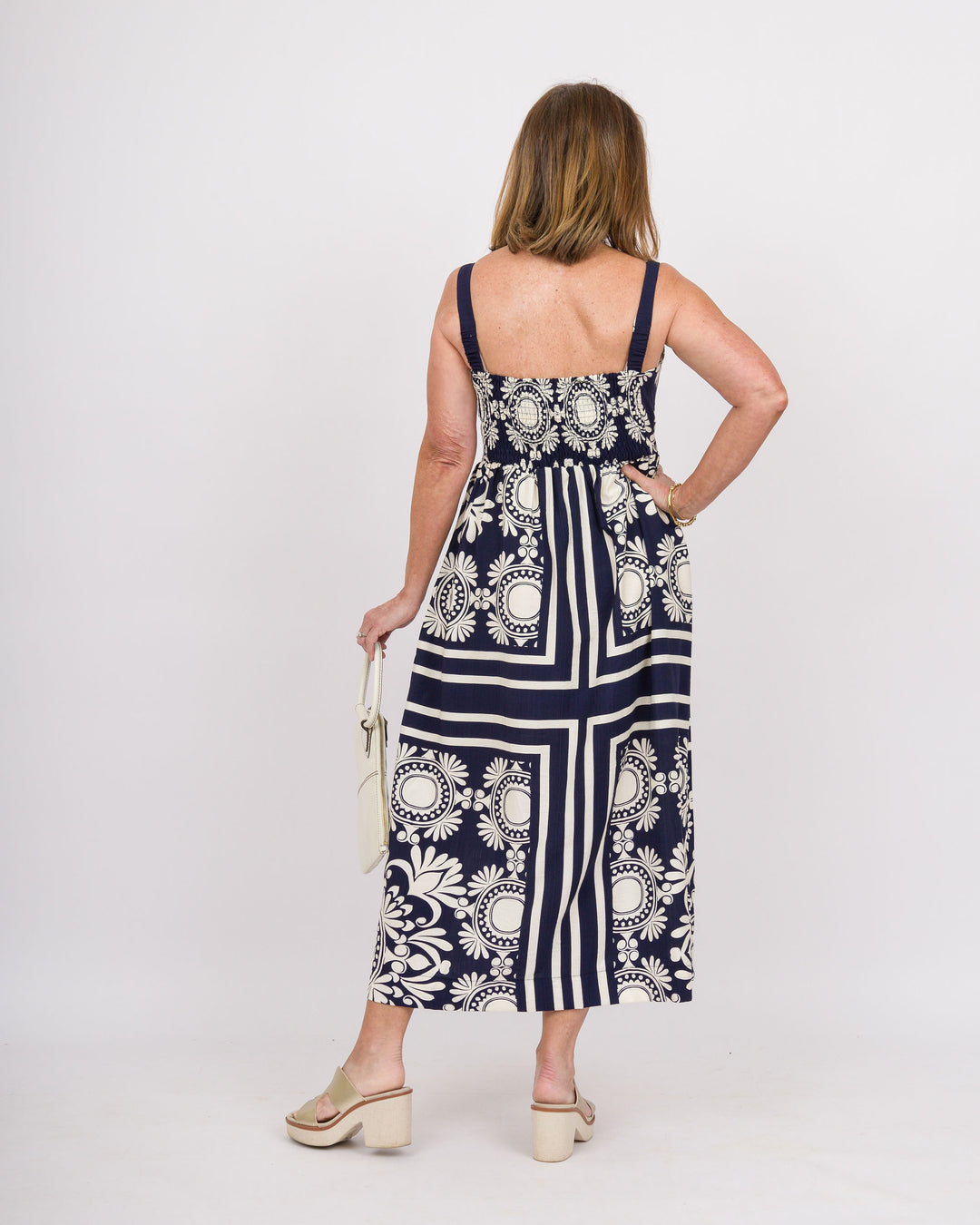 Scarf Print Midi Dress Navy Cream