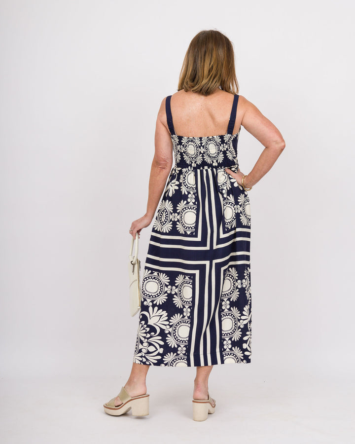 Scarf Print Midi Dress Navy Cream