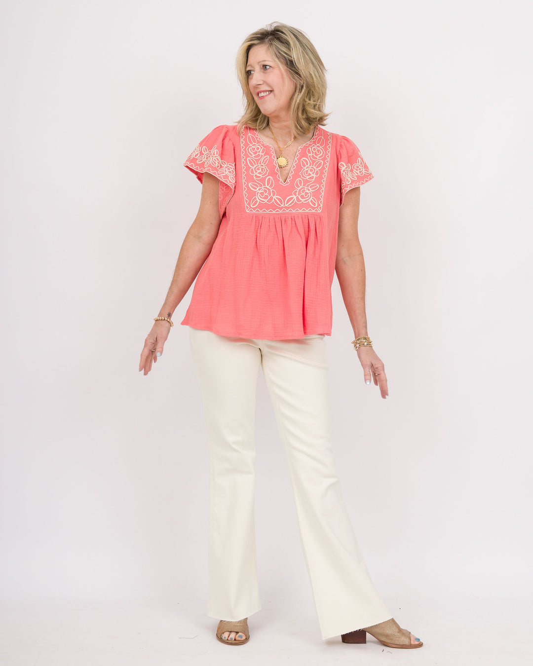 Wing Sleeve Embroidered Top Coral