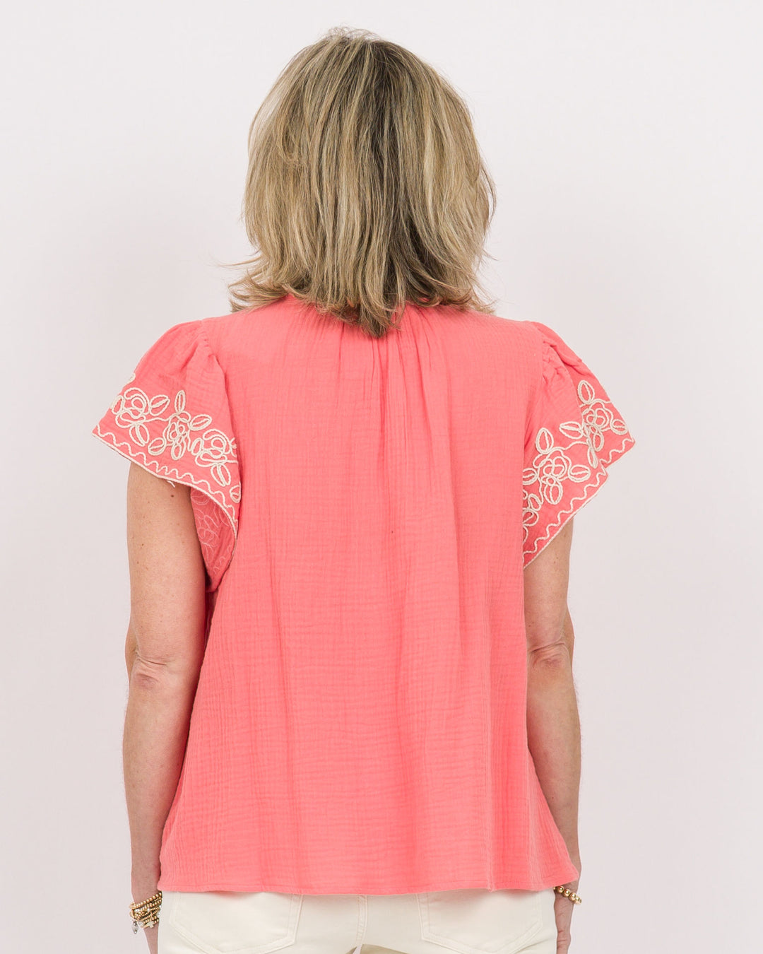 Wing Sleeve Embroidered Top Coral