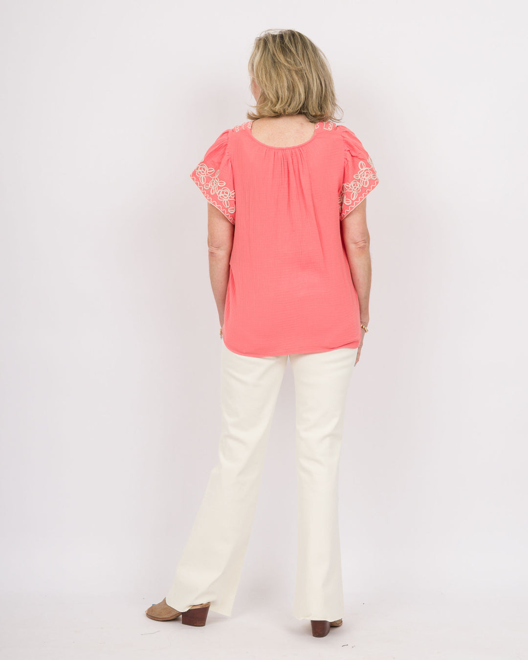 Wing Sleeve Embroidered Top Coral