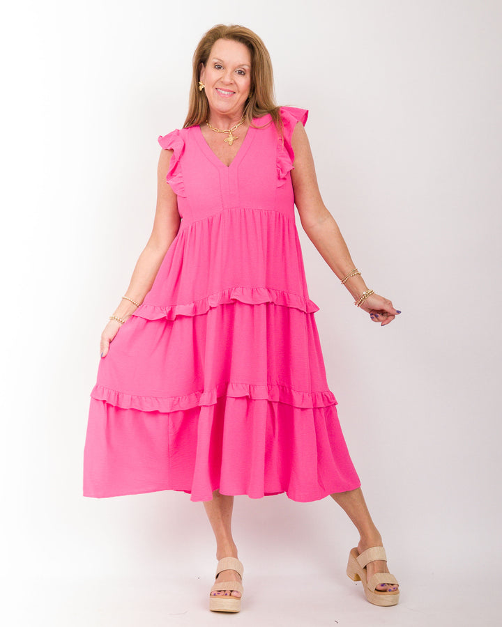 Ruffle Tiered Midi Dress Hot Pink