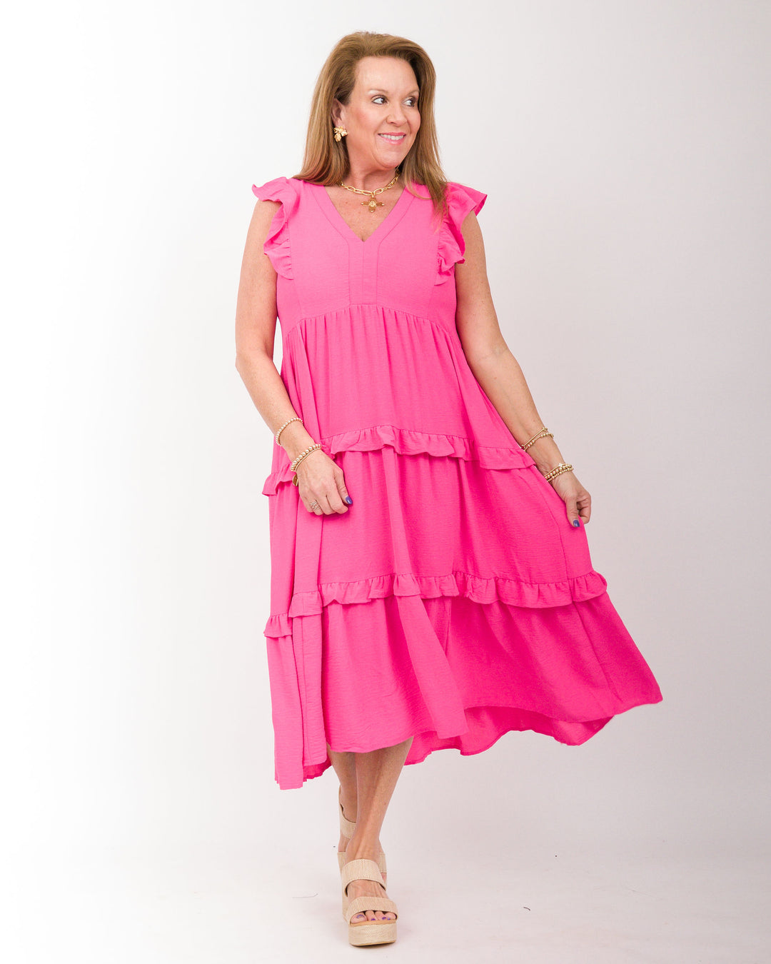 Ruffle Tiered Midi Dress Hot Pink