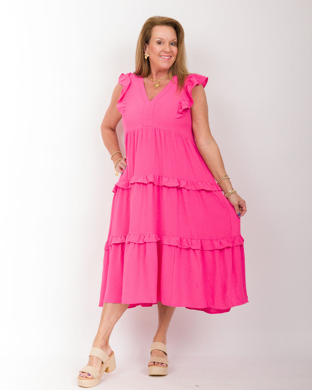 Ruffle Tiered Midi Dress Hot Pink