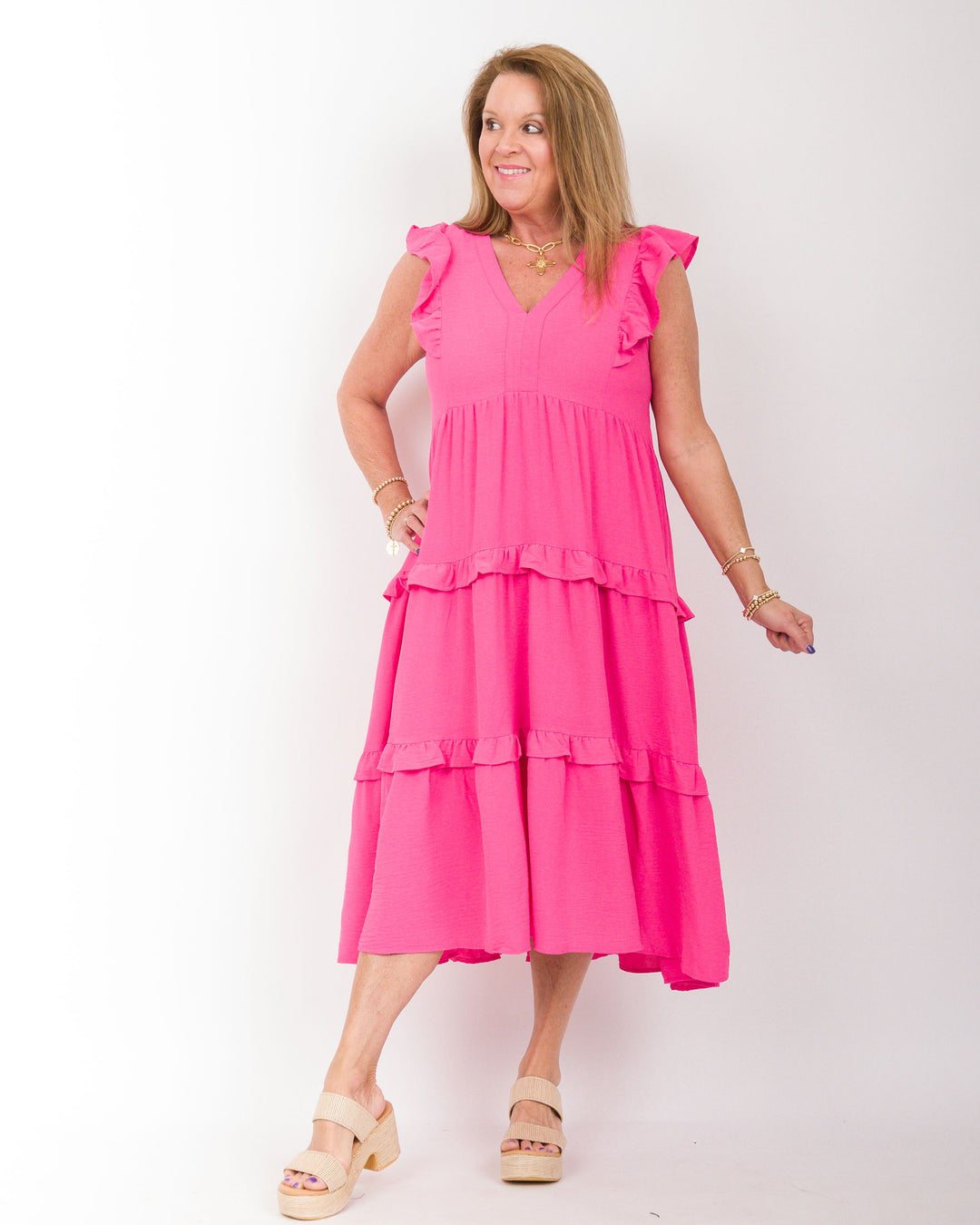 Ruffle Tiered Midi Dress Hot Pink