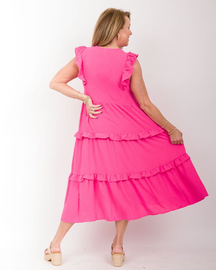 Ruffle Tiered Midi Dress Hot Pink