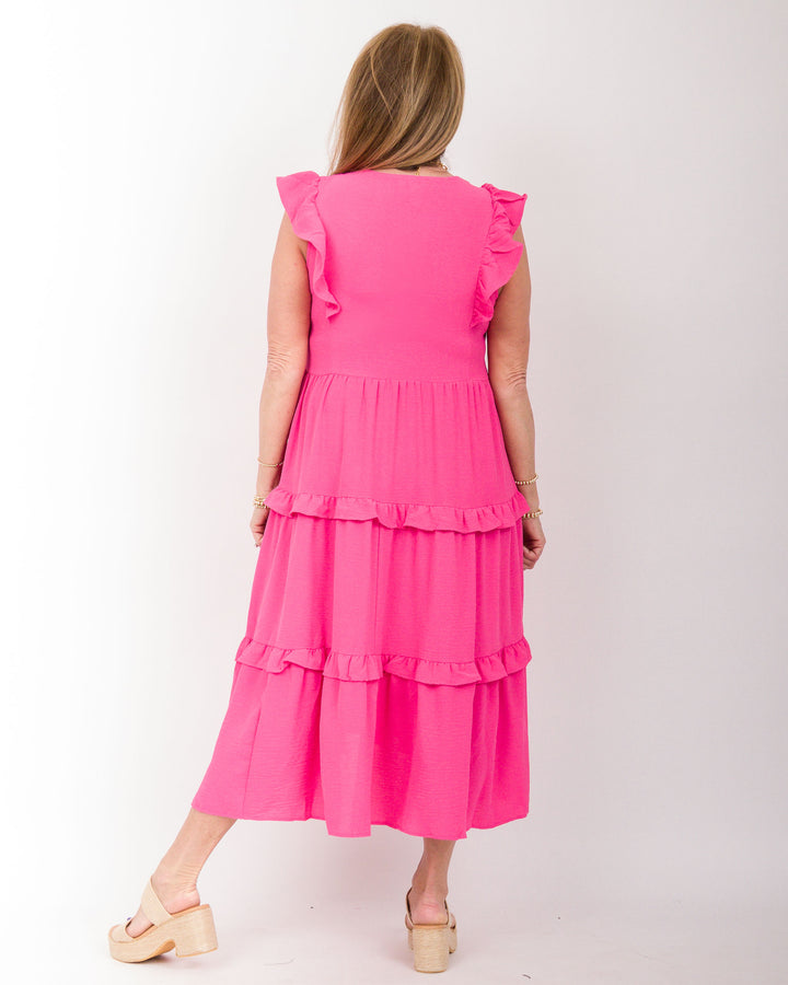 Ruffle Tiered Midi Dress Hot Pink