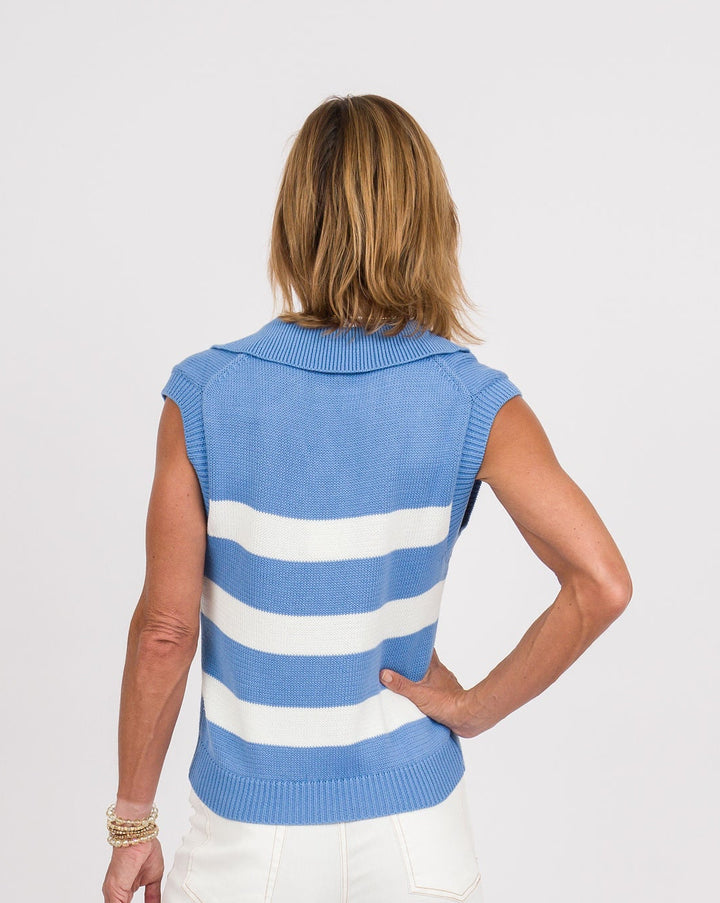 Striped Sleeveless Collared Sweater - Light Blue