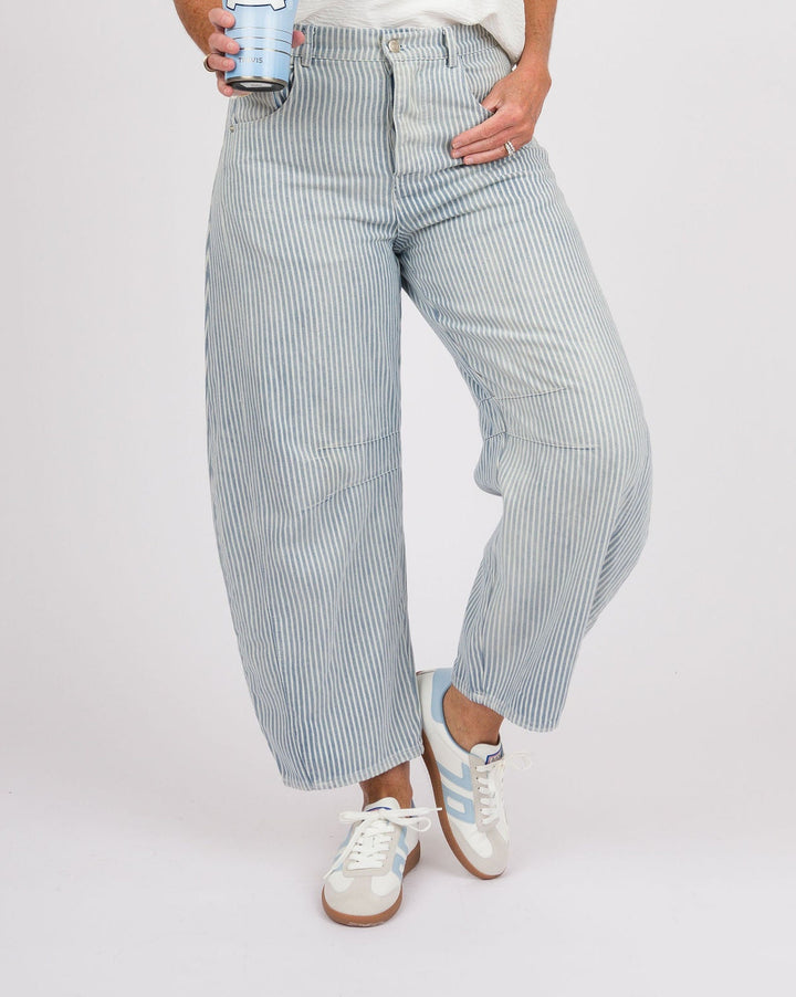 Mineral Washed Pinstriped Barrel Jeans