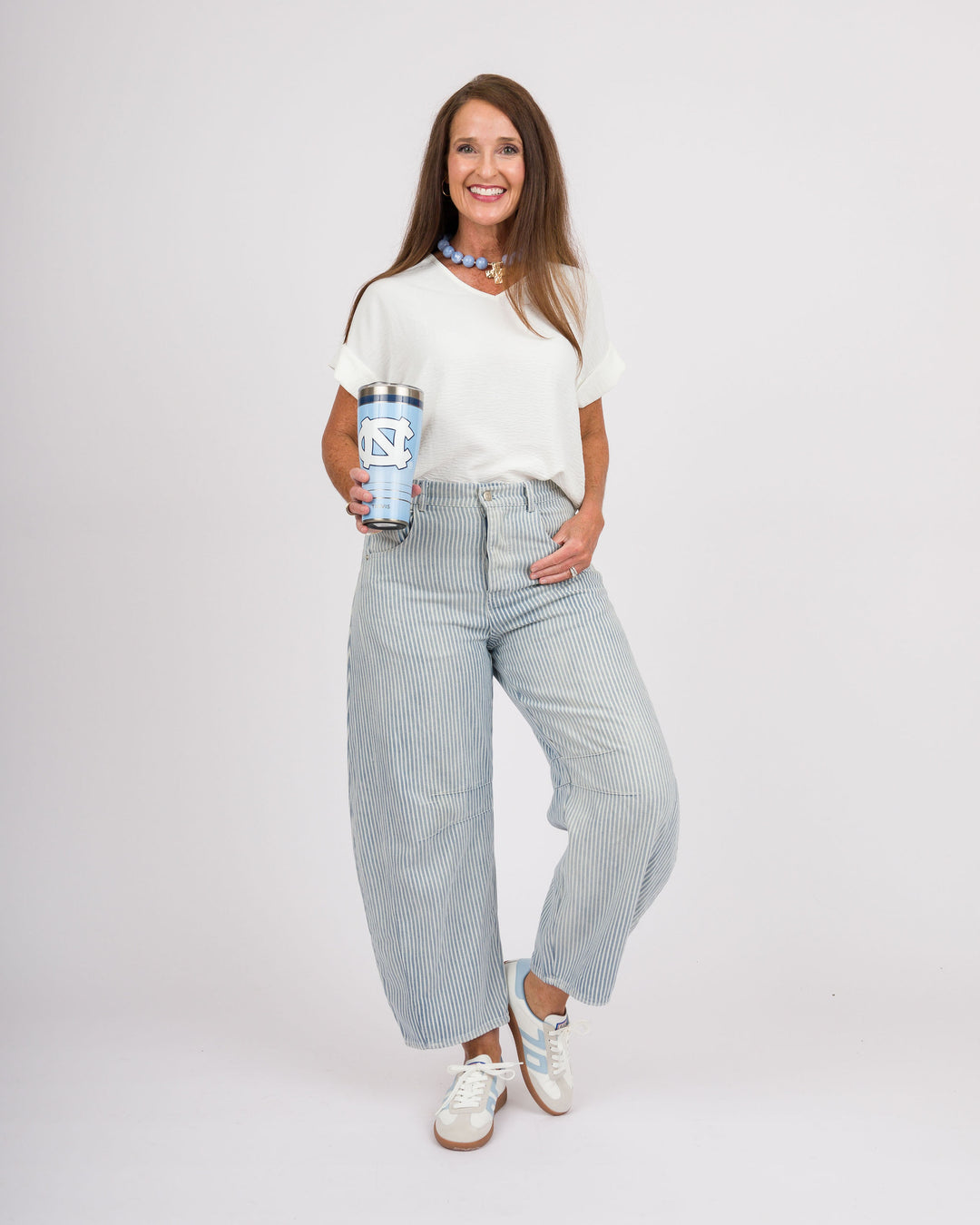 Mineral Washed Pinstriped Barrel Jeans
