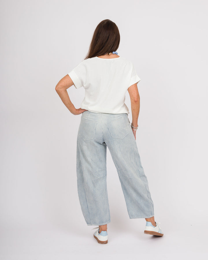 Mineral Washed Pinstriped Barrel Jeans
