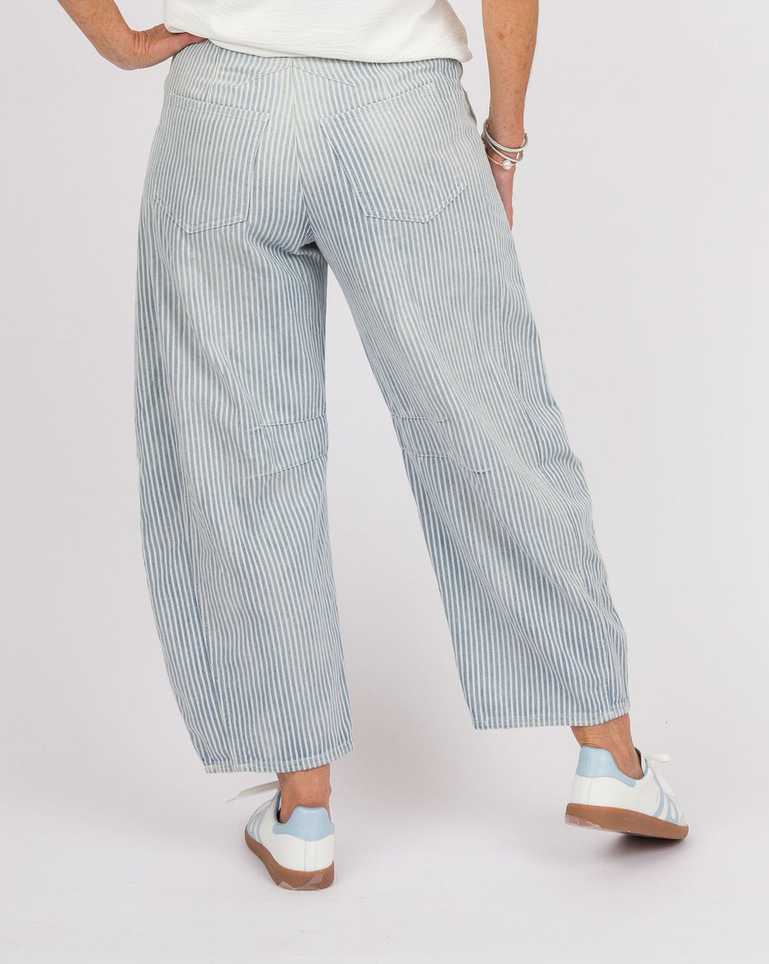 Mineral Washed Pinstriped Barrel Jeans