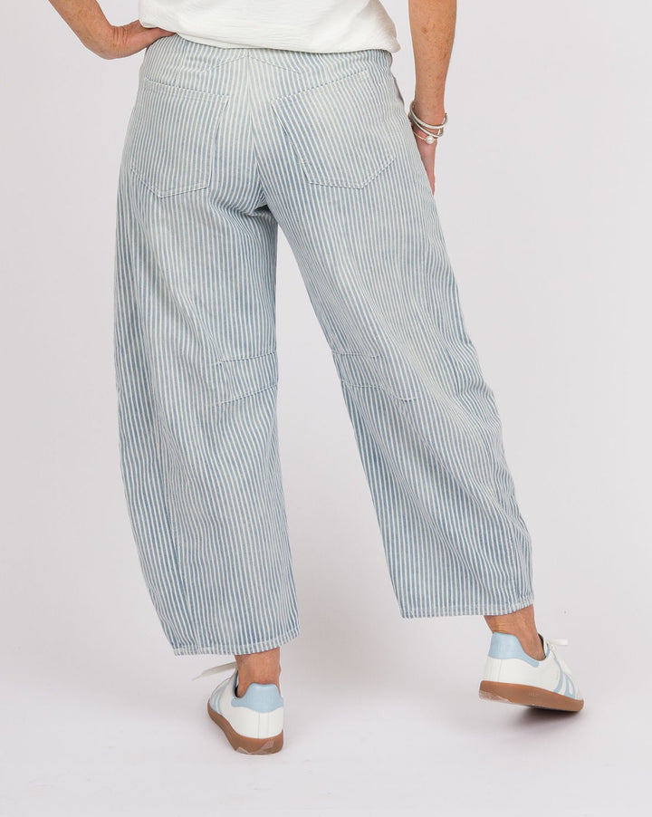 Mineral Washed Pinstriped Barrel Jeans