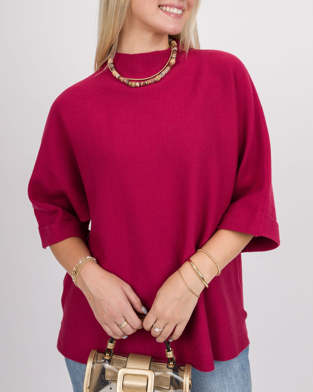 Danni Mock Neck Dolman Top - Crimson
