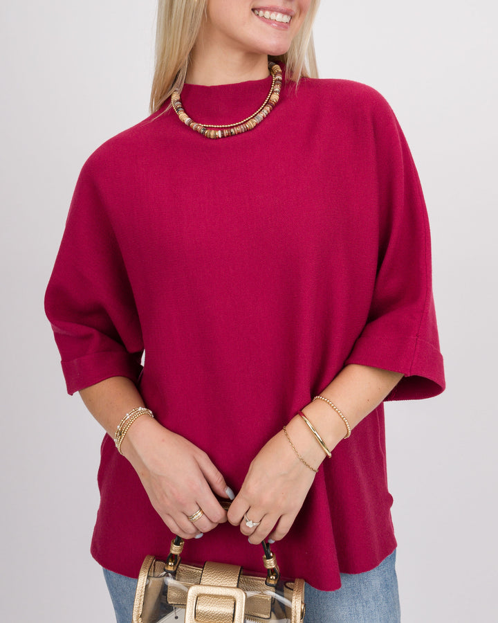 Danni Mock Neck Dolman Top - Crimson
