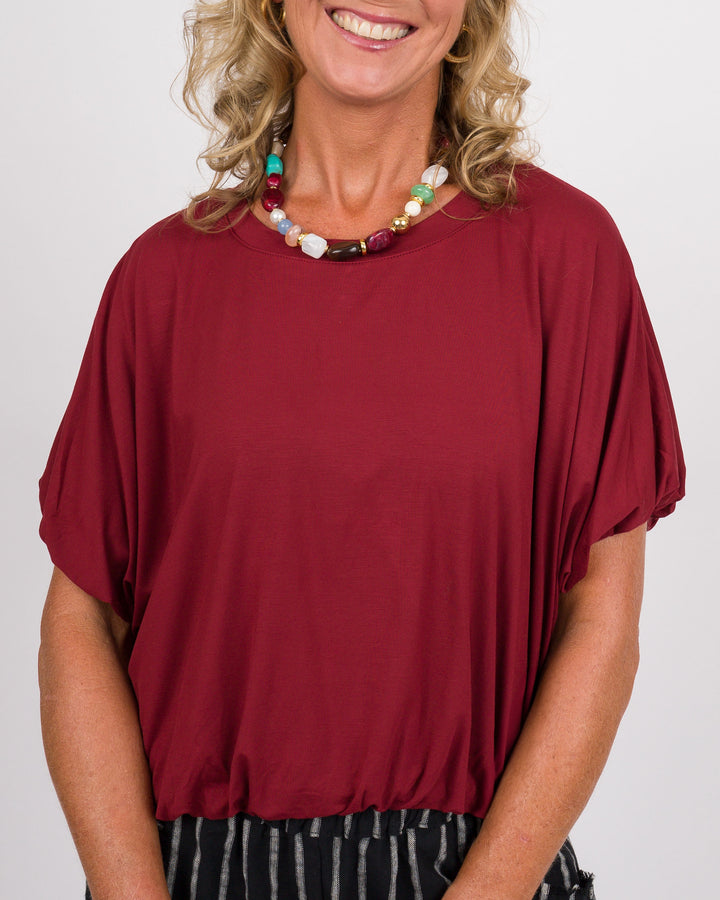 Wine Bamboo Bubble Sleeve Top
